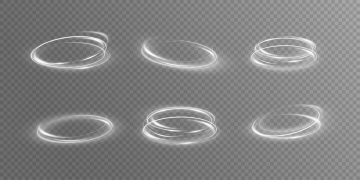 Glowing white spiral. Speed ​​abstract lines effect. Rotating shiny rings. Glowing circular lines. Glowing ring trail. Vector.	