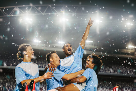 Football team celebrating victory in a professional match at a large stadium - Powered by Adobe