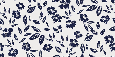 Black and white small flowers, tiny leaves, buds scattered randomly in a seamless pattern. Abstract bi-color plain silhouettes floral printing. Vector hand drawing. Nature ornament for textile, fabric