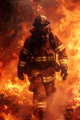 Fototapeta premium Firefighter in Action Amidst Intense Flames