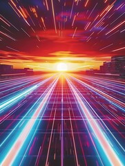 Abstract retro sci-fi grid 80's, 90's neon colors night and sunset, vintage cyberpunk illustration, retro synthwave style neon landscape background.