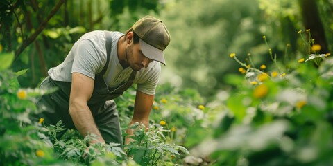 A dedicated gardener, dressed in overalls and a cap, tends to plants in a lush green garden, surrounded by greenery and yellow blooming flowers, under natural sunlight.