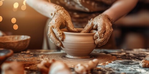 A skilled potter uses their hands to shape a piece of clay on a pottery wheel, capturing the artistry and dedication involved in crafting ceramic objects in a workshop studio.