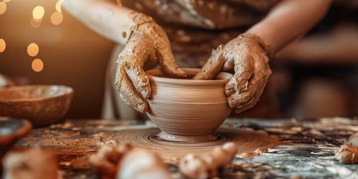 A skilled potter uses their hands to shape a piece of clay on a pottery wheel, capturing the artistry and dedication involved in crafting ceramic objects in a workshop studio.