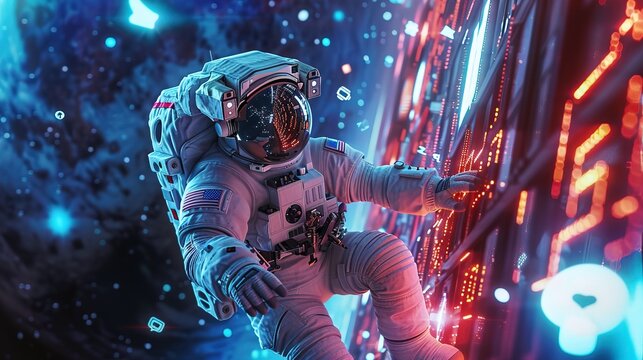 An astronaut floating next to a Building with social media icons flying around it in space, cyber punk realistic style