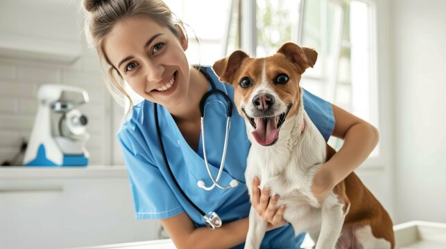 Smiling veterinarian in blue scrub with stethoscope examining happy dog in modern veterinary clinic. Friendly vet doctor and pet healthcare concept. Clean clinic environment. Professional service. AI