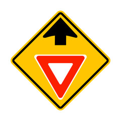 Sign yield. Road sign ahead that not visible from distance. Sign give way. Reduce speed and give way to other vehicles. Caution, intersection. Diamond road sign. Warning yellow road sign.