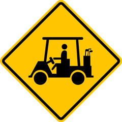 Golf car road sign. The movement golf carts on section of road. Near golf clubs or residential areas with use of golf carts. Warning yellow road sign.