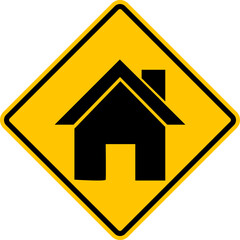 Residential zone road sign. Hotel, vacation spot or tourist site. Residential or public buildings. Parking areas, picnic tables, restrooms, cafes or snack bars. Warning yellow road sign.