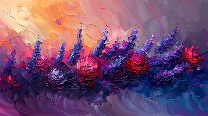 Fototapeta premium An abstract oil painting of lavender, bold and vibrant colors with exaggerated brush strokes, capturing the essence and beauty of the flowers.