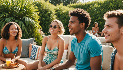 A multiracial group of young adult friends relaxing near a pool in the backyard on a sunny summer day. Leisure, diversity, and summer activities, resort, travel destination, youthful lifestyle.