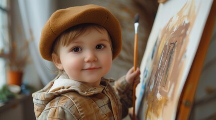 A young boy in a brown beret holds a paintbrush and looks at the camera