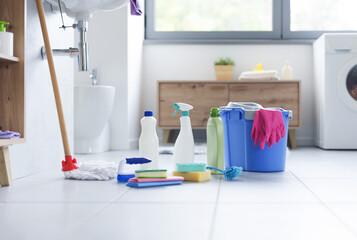 Cleaning supplies in the bathroom