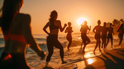 Group of people jogging on the beach during a vibrant sunset, embracing fitness and wellness. Silhouettes against a picturesque seaside backdrop.