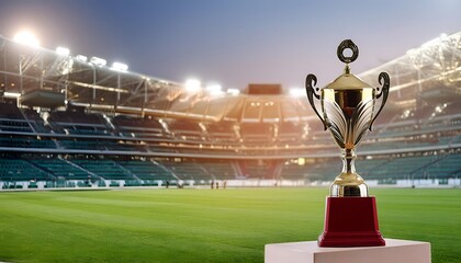 Close-up shot of the football trophy on a podium, with a blurred stadium background. Cup. Soccer. 1
