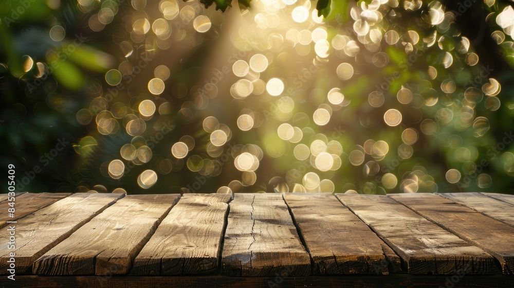 Poster wooden table with bokeh background for product display