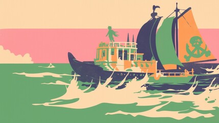 Simple style hand drawing illustration of a pirate ship