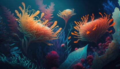 Background of underwater fresh beautiful different kind of colored flowers. AI generated.