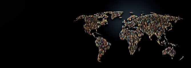 World Population Day. A group of people on the map of the planet Earth with continents. AI generated.