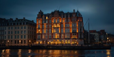 Obraz premium A beautifully illuminated historic building stands majestically by the riverside, its reflections shimmering in the water under the night sky, exuding a sense of elegance and nostalgia.