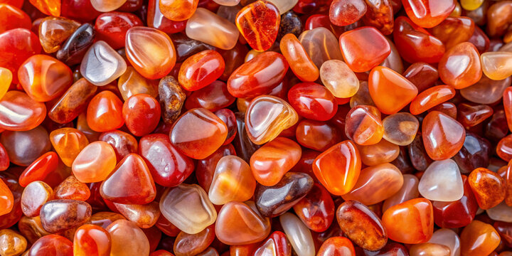 A close-up view of polished carnelian stones in various shades of orange, red, and brown. The stones are smooth and shiny, creating a visually appealing and vibrant image that highlights their natural