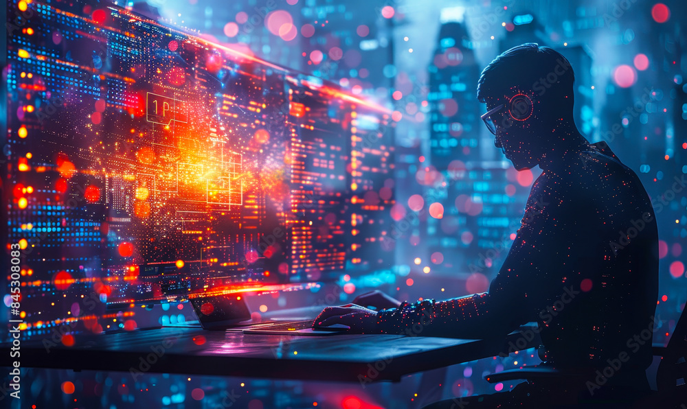Poster young woman software engineer working on ai big data analytics for cloud computing with futuristic d