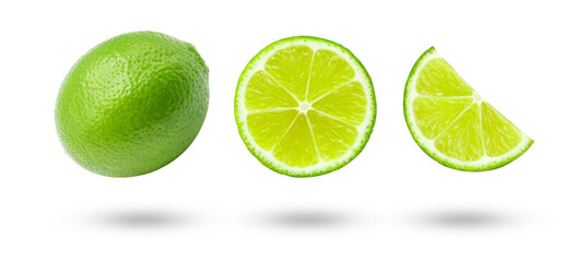 Flying green lemon with slices and shadow isolated on white background , clipping path.
