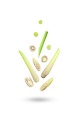 Flying lemongrass with slices isolated on white background , clipping path.