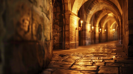 long dark corridor with arches and cobbled floor, lit by torchlight in an old medieval castle