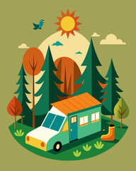 Naklejka premium Surrounded by the sounds of birds chirping and leaves rustling campers can rest easy at a solarpowered forest campsite knowing that their ecofriendly accommodations are powered by. Vector illustration