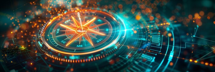 Abstract compass in blue neon with data visualization, emphasizing innovation.
