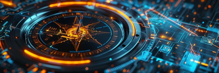 Detailed black compass with neon orange and blue, captured in high-resolution for AI tech.