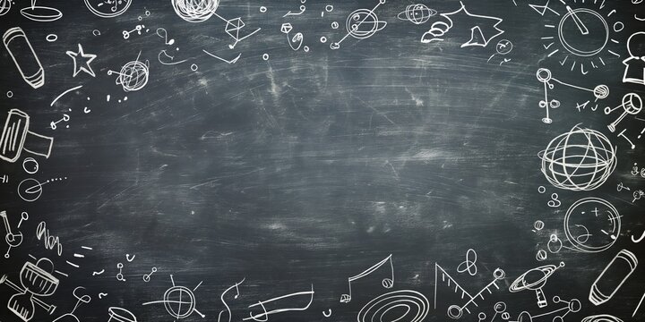 A classic chalkboard filled with various science, math, and space-related doodles around the edges, symbolizing creativity and knowledge in a learning environment.