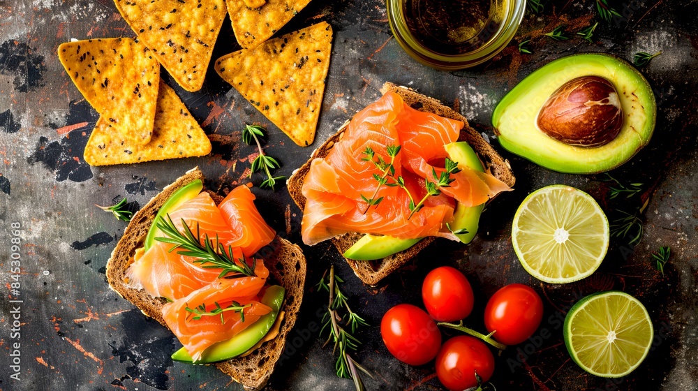 Wall mural delicious and healthy food presentation. fresh avocado, salmon, cherry tomatoes and lime on a rustic - Wall murals