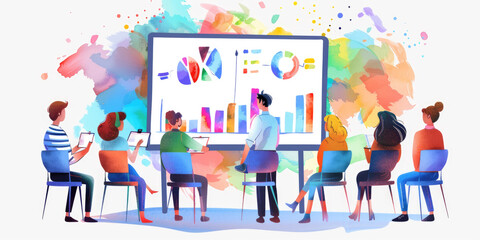 A team of people are gathered around a whiteboard covered in charts and graphs related to SEO strategy. They are discussing the data and planning their next steps