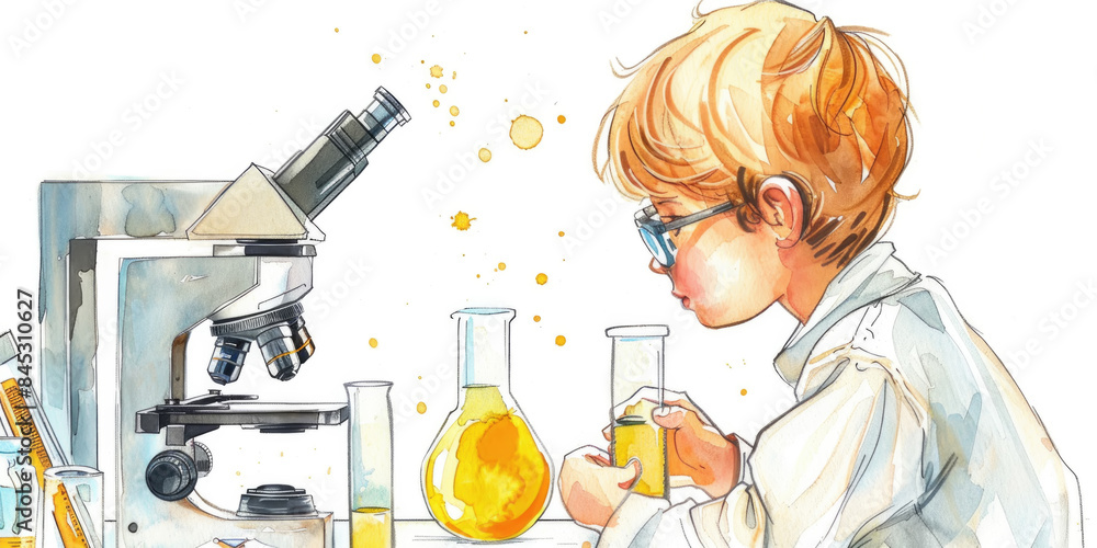 Aufkleber a young scientist in a lab coat examines liquid samples in test tubes while using a microscope