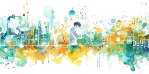 A watercolor illustration of a scientist working in a laboratory, with a colorful abstract background