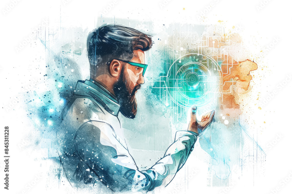 Poster an illustration of a man interacting with a digital interface, shown as a glowing orb with circuit p