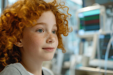 Red-haired boy with freckles sitting in a hospital room, looking away with a thoughtful expression, surrounded by medical equipment..