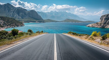 Empty highway between mountain peaks, sea coast on one side of the road, blue water, clear sunny day, incredible nature, bright saturated colors