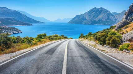 Obraz premium Empty highway between mountain peaks, sea coast on one side of the road, blue water, clear sunny day, incredible nature, bright saturated colors