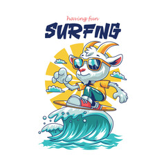 goat character surfing cartoon style vector illustration