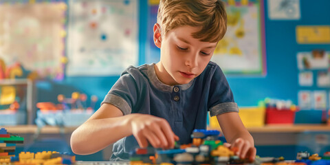 A young boy focused on building with colorful plastic blocks in a classroom setting, with shelves and educational materials in the background..