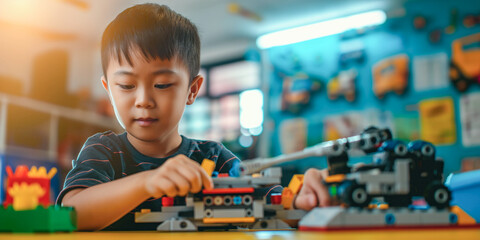 An Asian boy deeply engrossed in building a mechanical toy in a brightly lit classroom, surrounded by educational posters and other toys..