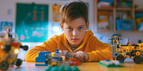 A boy in a yellow hoodie intensely focusing on assembling a robot from plastic blocks in a well-organized classroom with educational materials around..
