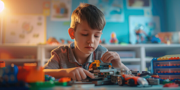 A boy carefully assembling a complex toy with a focused expression in a colorful, well-lit room filled with various toys and educational materials..