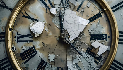 Obraz premium Shattered vintage clock depicting time destruction