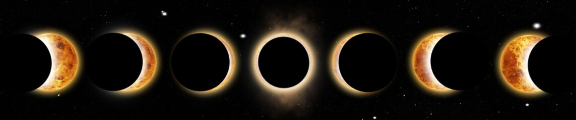 Fototapeta premium Universe, solar system with moon in eclipse stages on dark sky, stars and sun with natural light. Galaxy, world and discover to explore on outer space or cosmic elements, planet systems for science