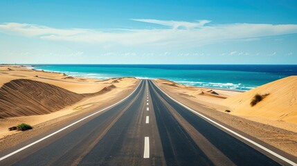 Empty highway, huge desert sand dunes on one side of the road and sea coast on the other, blue water, clear sunny day, bright rays, incredible nature