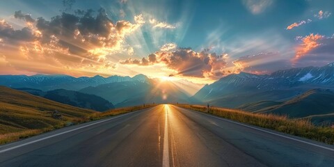 Empty highway in the beautiful italian Alps, sky illuminated by the sun's rays at sunset, incredible nature, bright saturated colors